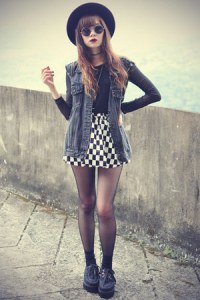 creepers-shoes-oasap-hat-mesh-top-checked-skirt-choies-skirt-denim-vest